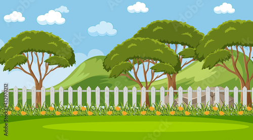 Blank sky in the park scene with many trees and meadow