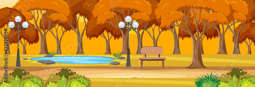 Park in autumn season horizontal scene at sunset time