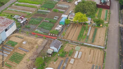Suburban farming in yokohama's aoba district. City farm with fields of different crops seen from the sky in japan. Local food being produced in the community. photo