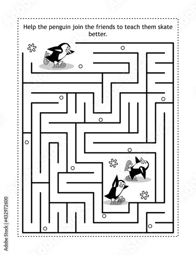 Winter or holidays themed maze game or activity page with skating penguins: Help the penguin join the friends and teach them to skate better.
