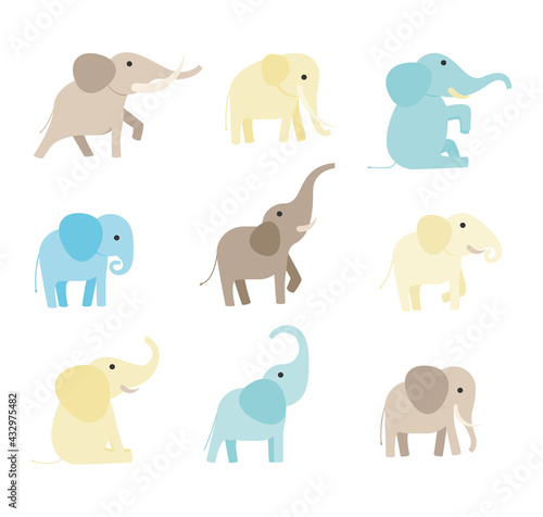 Flat cartoon set of multicolored elephants in different poses. Vector illustration