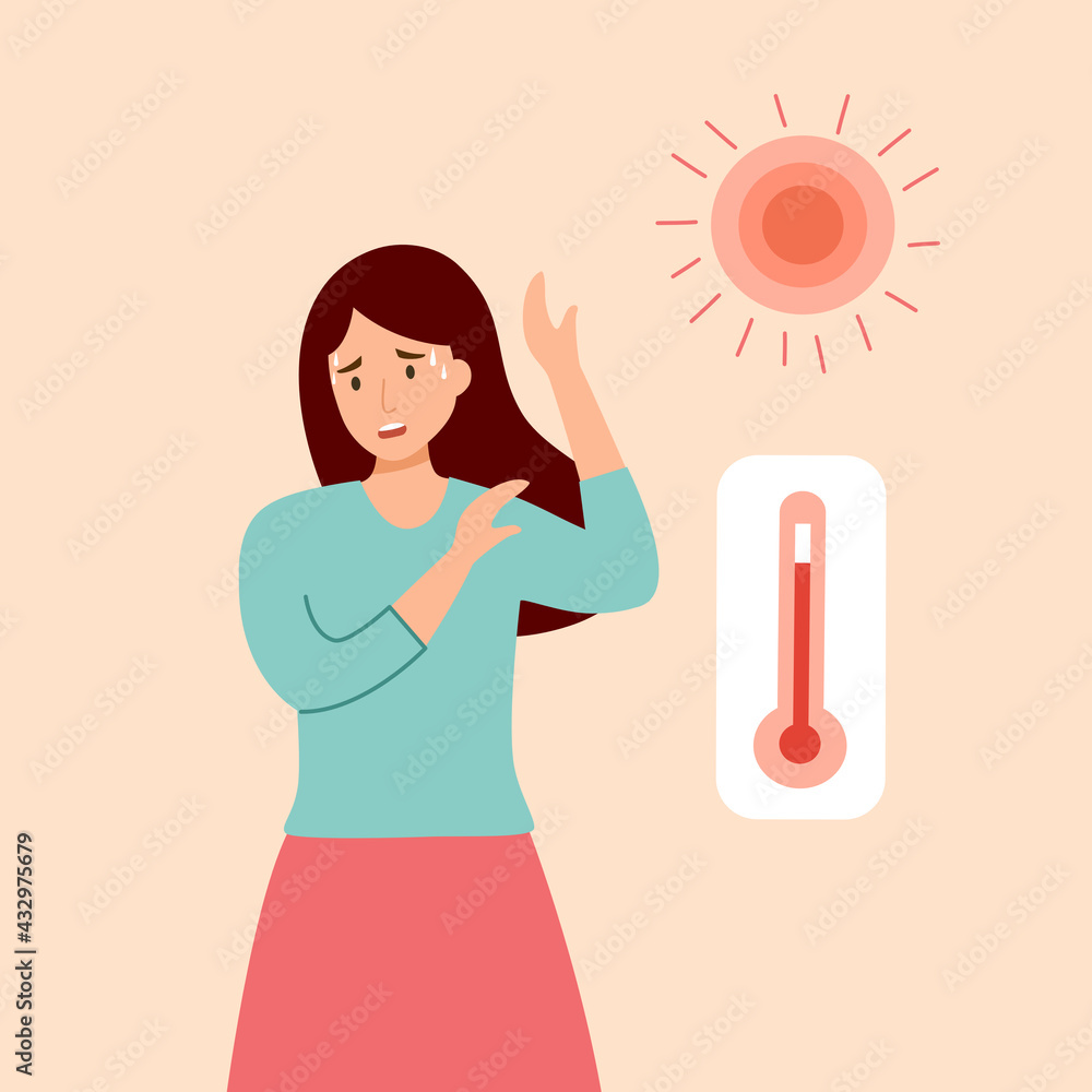 Woman suffering from heat and sweaty dehydration with thermometer and strong sunlight in flat design. Hot climate in summer. Woman suffering from heat and sweaty dehydration with thermometer and strong sunlight in flat design. Hot climate in summer.