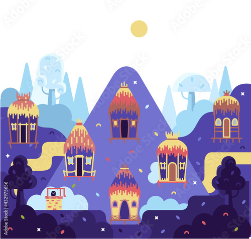 Bright country mud houses. Flat cartoon panorama illustration in orange color