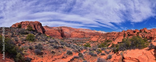 Padre Canyon, Snow Canyon State Park, Saddleback Tuacahn desert hiking trail landscape panorama views, Cliffs National Conservation Area Wilderness, St George, Utah, United States. USA.