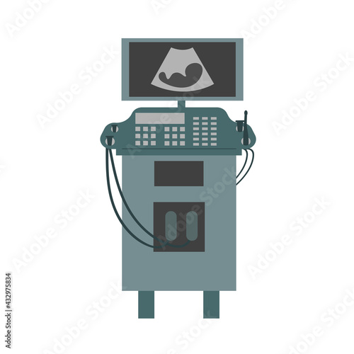 Ultrasound machine. Ultrasonic device. Medical diagnostic equipment. Vector cartoon illustration isolated on white background. 