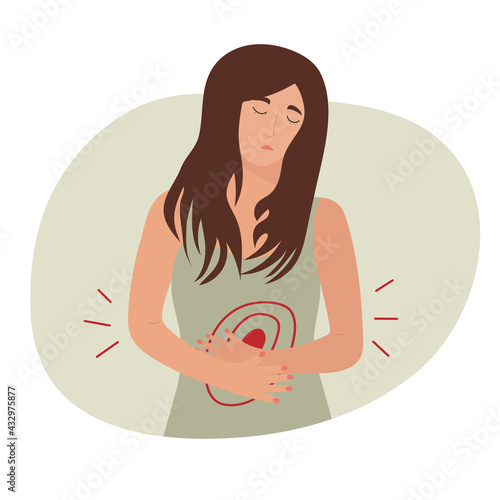 Abdominal pain. Illustration of woman with symptom of pain in the stomach, belly. Ideal for medical and educational materials. 