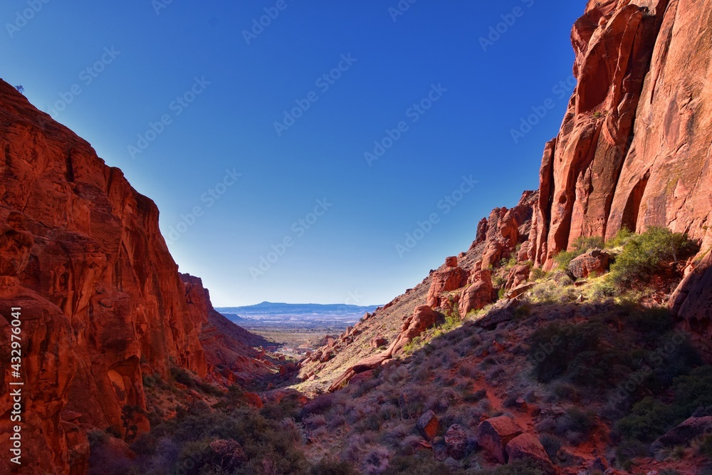 Padre Canyon, Snow Canyon State Park, Saddleback Tuacahn desert hiking trail landscape panorama views, Cliffs National Conservation Area Wilderness, St George, Utah, United States. USA.