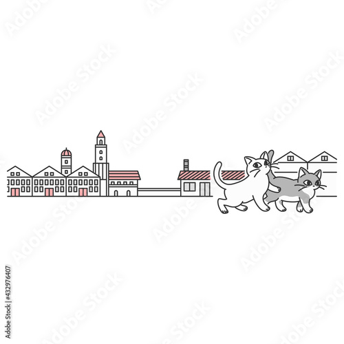 街中　散歩　猫　ペア　イラスト