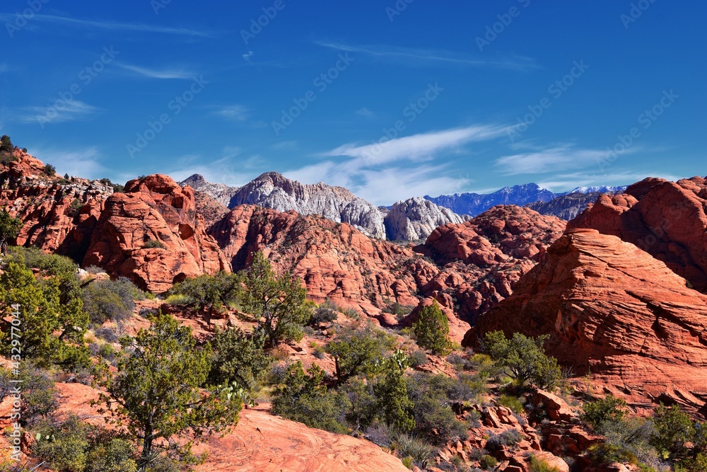 Padre Canyon, Snow Canyon State Park, Saddleback Tuacahn desert hiking trail landscape panorama views, Cliffs National Conservation Area Wilderness, St George, Utah, United States. USA.