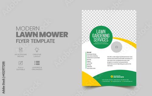 Lawn Mower Garden or Landscaping Service Flyer Template. Business Flyer poster pamphlet brochure cover design layout background, A4 size leaflet, grass, equipment, gardener