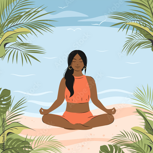 Young african american woman meditating sitting in lotus on the nature. Concept illustration for yoga, meditation, relax, physical and mental health. Vector illustration in flat style.