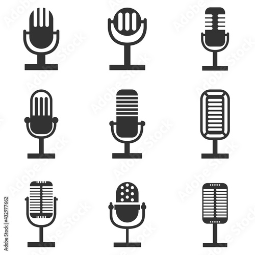 Set of retro microphone icons. Design element for logo, label, sign, emblem. Vector illustration