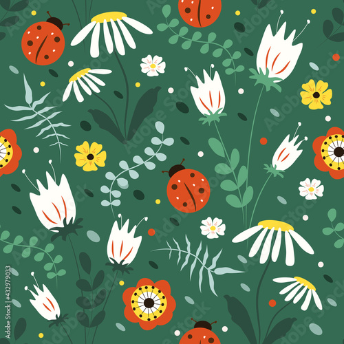 cute seamless pattern with hand drawn flowers, herbs and ladybirds in green tones. summer background in flat style. pattern for printing on fabric, clothing, wrapping paper