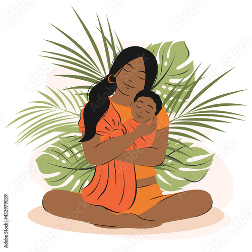 Young african american woman is holding newborn baby on hands. Mother and child among tropical plants.Family, health, maternity concept, Happy Mother's Day. Flat vector illustration