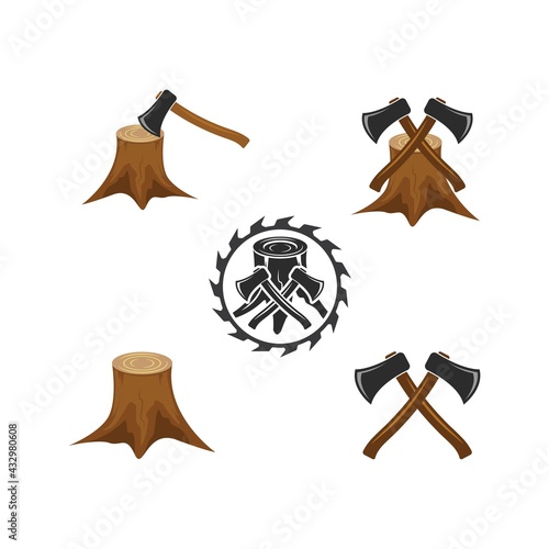 axe with tree wood stump  icon vector illustration design template