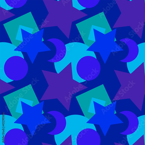 Seamless texture, pattern on a square background - colored geometric shapes - stars, circles, squares, crescents.