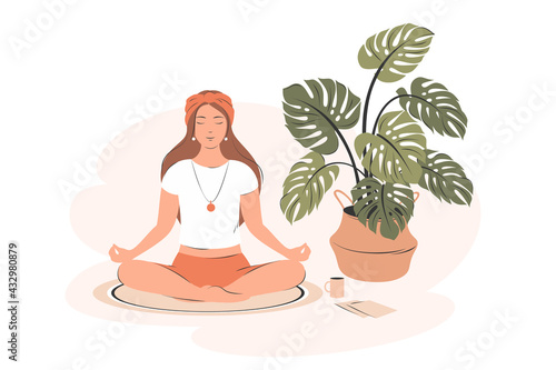 Smiling girl practicing yoga and enjoying meditation in her room or apartment. Concept illustration for yoga, meditation, relax, recreation, healthy lifestyle. Flat cartoon vector illustration.
