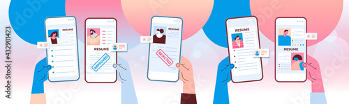 hr manager hands choosing cv portfolio of new employees job candidates on smartphone screens recruitment hiring