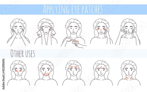 Hydrogel eye patches, collagen eye mask application steps, vector illustration. Face skin care routine, beauty procedure