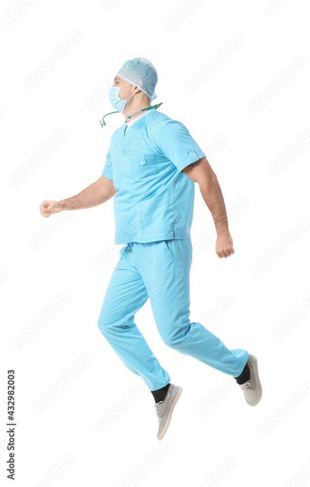Jumping male doctor on white background Jumping male doctor on white background