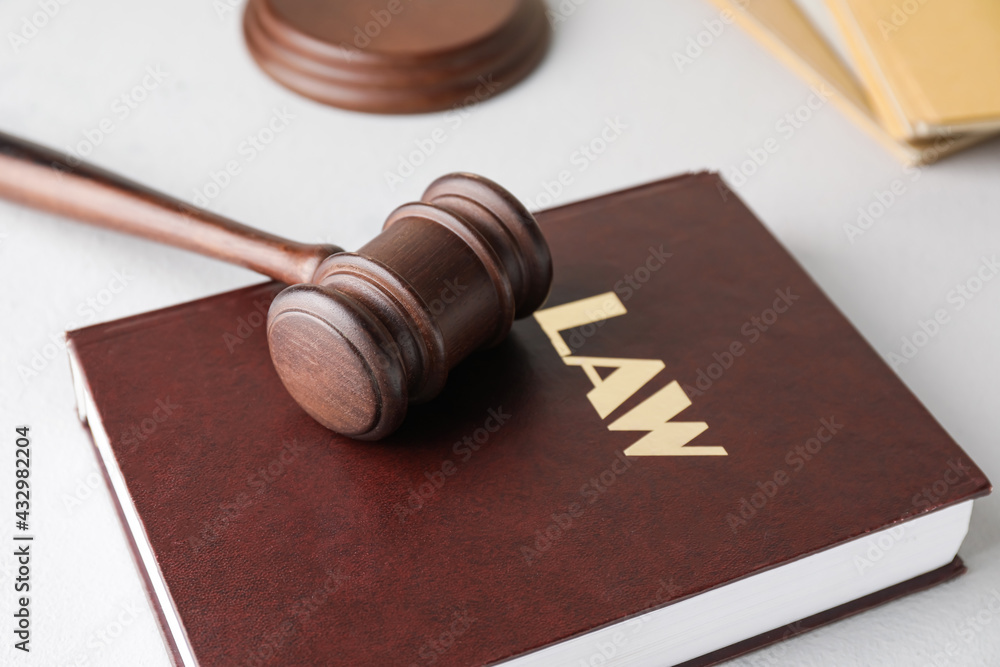 Judge's gavel and law book on white background