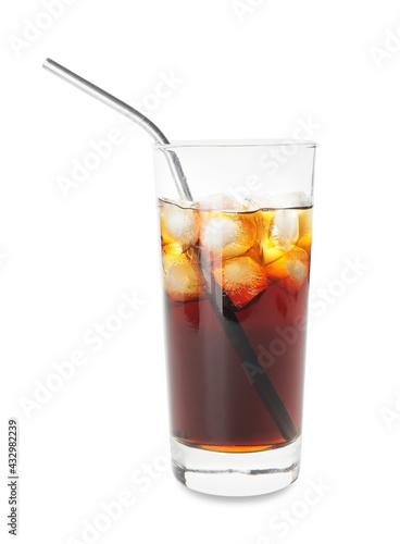 Glass of tasty cold brew with straw on white background