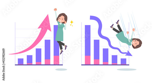 業績アップと業績ダウンを表現するチュニック中年女性のセット