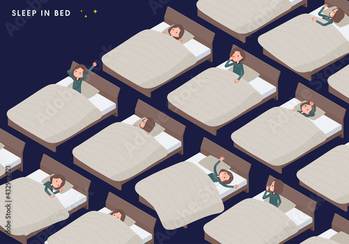 ベッドで眠る様々なポーズのチュニック中年女性のセット