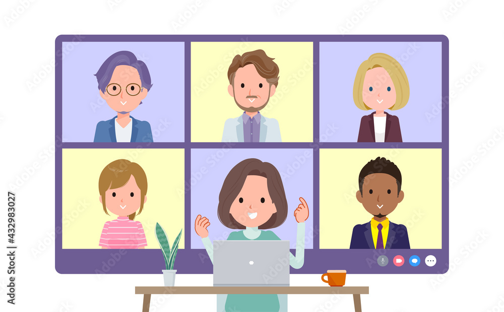 複数人でオンライン会議をしているチュニック中年女性のセット。正面アングル