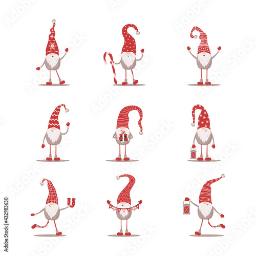 Cute gnomes in red santa hats on white background. Scandinavian christmas elves. Vector illustration in flat cartoon style. Nordic element design for greeting cards, season greetings, web, wrapper.