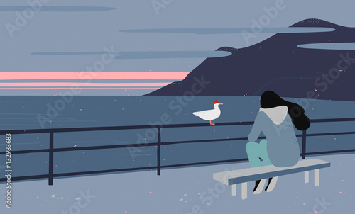 Back view of sad teenager girl sitting on the pier