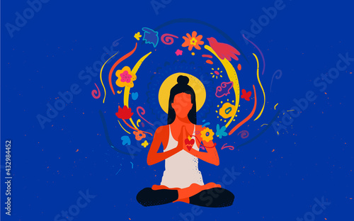 Young girl meditates hands folded in namaste