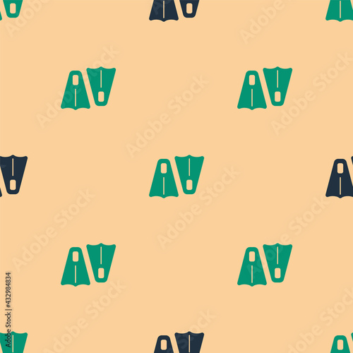 Green and black Rubber flippers for swimming icon isolated seamless pattern on beige background. Diving equipment. Extreme sport. Sport equipment. Vector