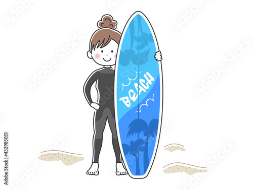 サーフボードを持つウエットスーツを着た女性のイラスト