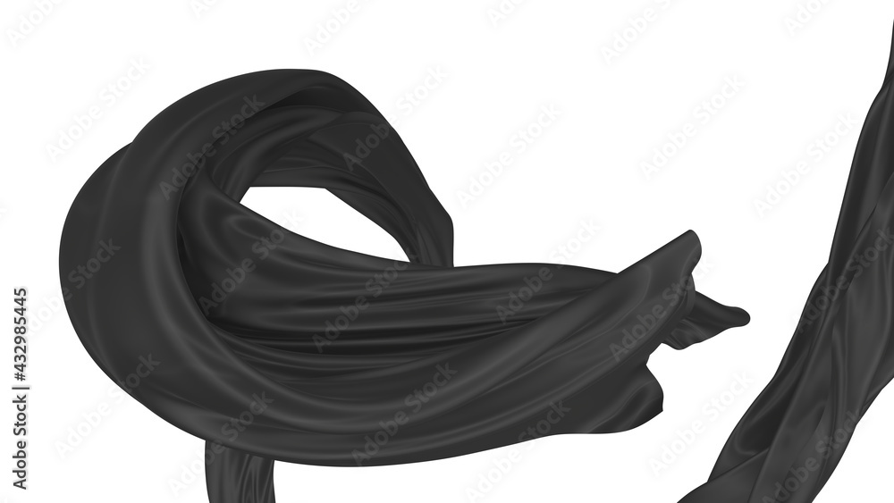 Beautiful flowing fabric of black wavy silk or satin. 3d rendering image. Beautiful flowing fabric of black wavy silk or satin. 3d rendering image.