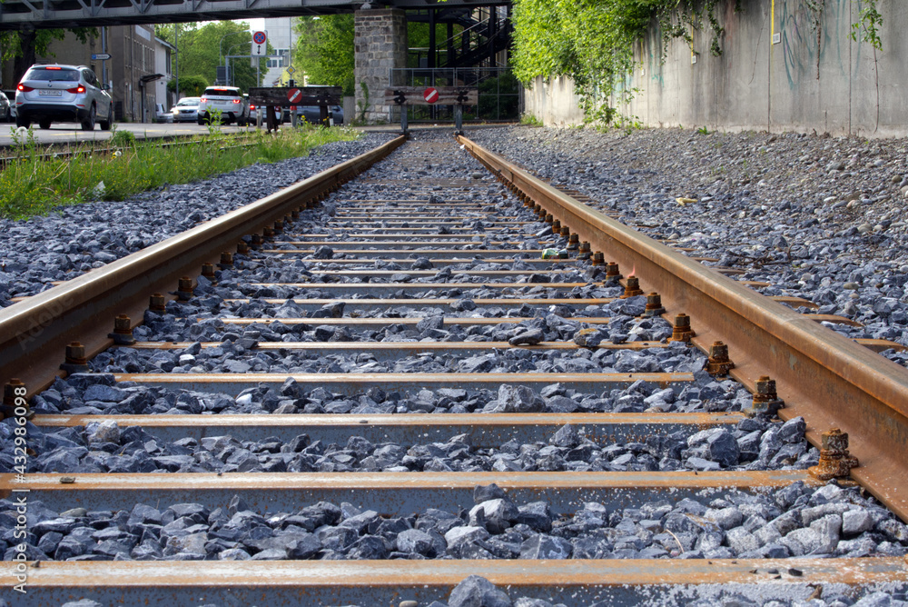 Fototapeta premium Close-up of railway tracks at industrial district of City of Zurich. Photo taken May 10th, 2021, Zurich, Switzerland.