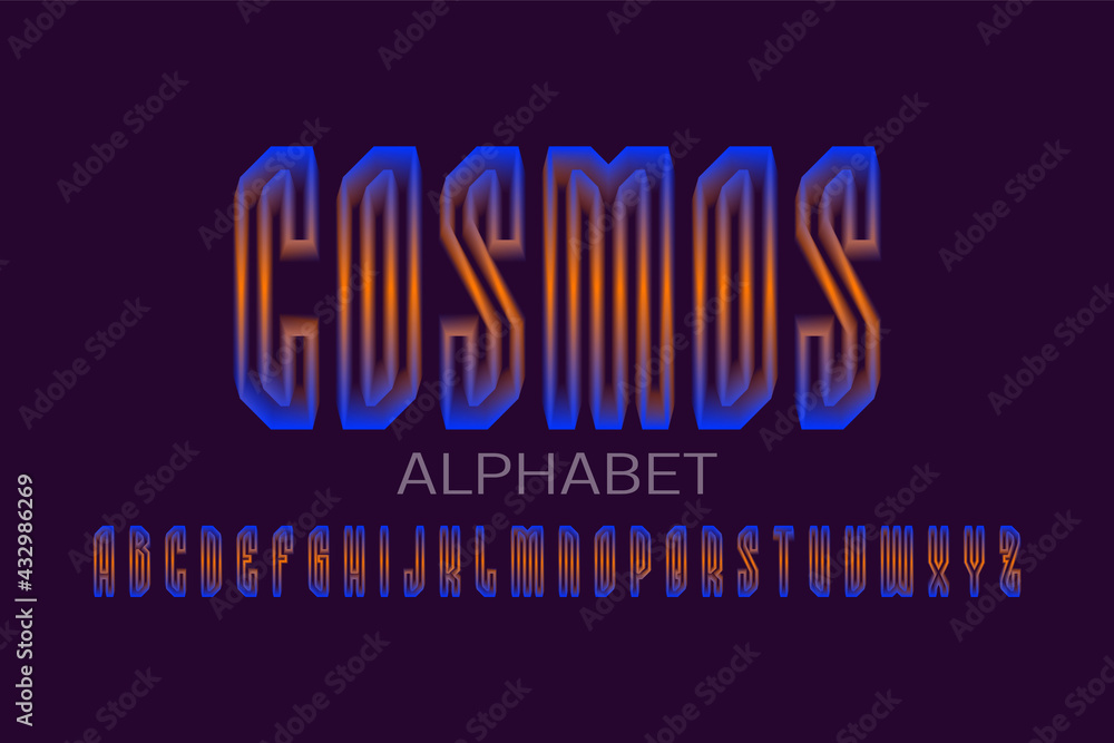 Fototapeta premium Cosmos alphabet of luminous orange blue 3d letters. Glowing display font. Isolated english alphabet.
