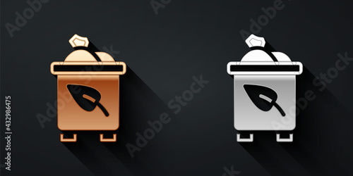 Gold and silver Recycle bin with recycle symbol icon isolated on black background. Trash can icon. Garbage bin sign. Recycle basket. Long shadow style. Vector