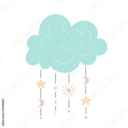 Childrens toy carousel for a crib, a cloud with the moon stars and the sun, entertainment items for children, vector clip art.