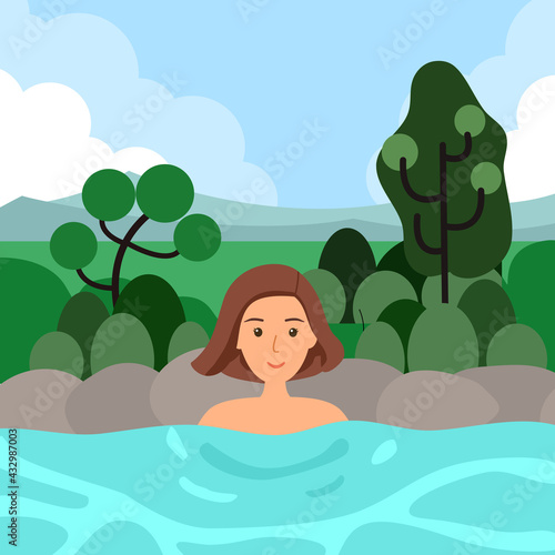Woman relaxing bath in hot spring Japanese onset in flat design. Body relaxation.