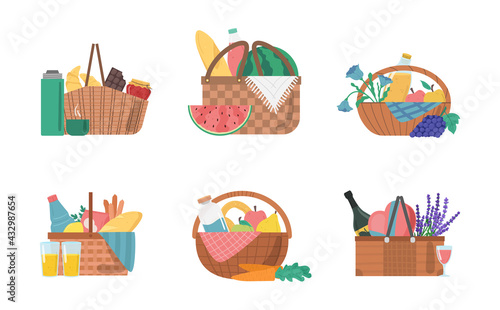 Cartoon Color Different Picnic Baskets Icons Set. Vector