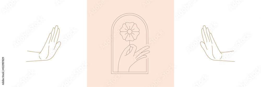 Hand holding flower and hands gesture in boho linear style vector illustrations set. Hand holding flower and hands gesture in boho linear style vector illustrations set.