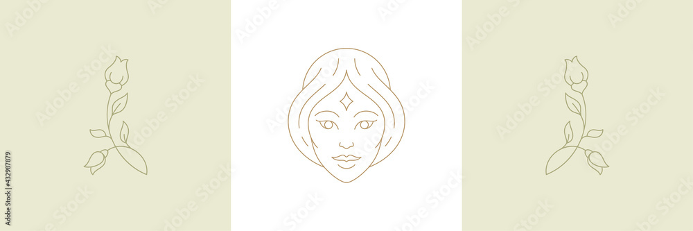 Magic woman creature head and twigs with rose flowers in boho linear style vector illustrations set Magic woman creature head and twigs with rose flowers in boho linear style vector illustrations set