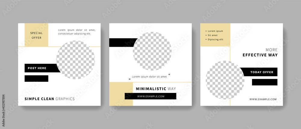 Clean and organized social media templates with black accent, contrast elements, simple modern facebook layouts with circle place for photos, square graphic design with minimalistic idea Clean and organized social media templates with black accent, contrast elements, simple modern facebook layouts with circle place for photos, square graphic design with minimalistic idea