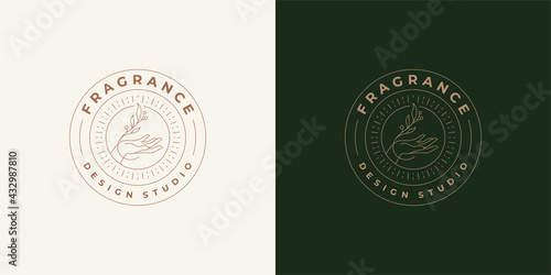 Hand with branch and leaves near logo emblem design template vector illustration in minimal line art style