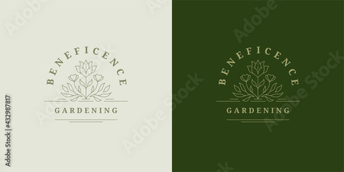 Abstract blooming flower logo emblem design template vector illustration in minimal line art style