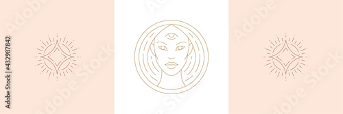 Magic woman and shiny stra in boho linear style vector illustrations set.