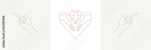 Woman hands with diamond in boho linear style vector illustrations set
