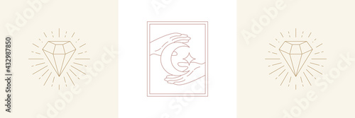 Woman hands with moon crescent and diamond in boho linear style vector illustrations set.