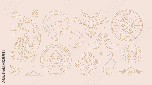 Magic woman boho vector illustrations of graceful feminine women and esoteric symbols set.